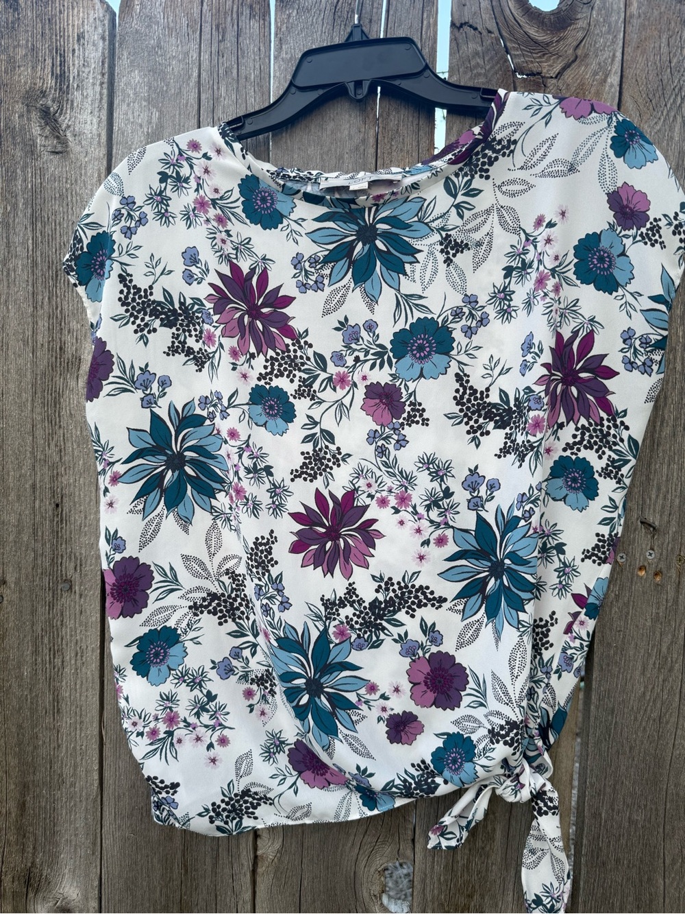 LOFT White Floral Tie-Hem Blouse with Teal & Purple Floral Accents